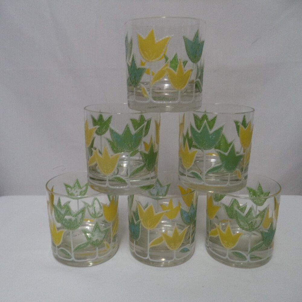 CULVER Vintage 1970's Tulip 3.5" T low ball whiskey glass glasses tumblers Set 6